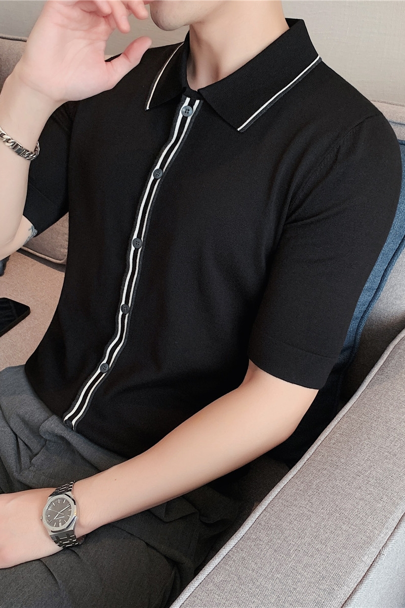 POLO de punto de manga corta para hombre, cárdigan ajustado de tendencia británica, con solapa de contraste de Color, informal de negocios, de verano