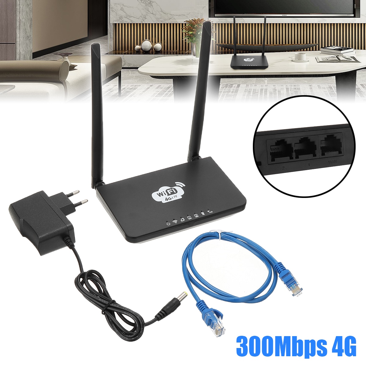 1PC 4G LTE Wireless Router 300Mbps Home Mobile WiFi Hotspot with/ SIM Card Slot Signal Amplifier With EU Power Adapter