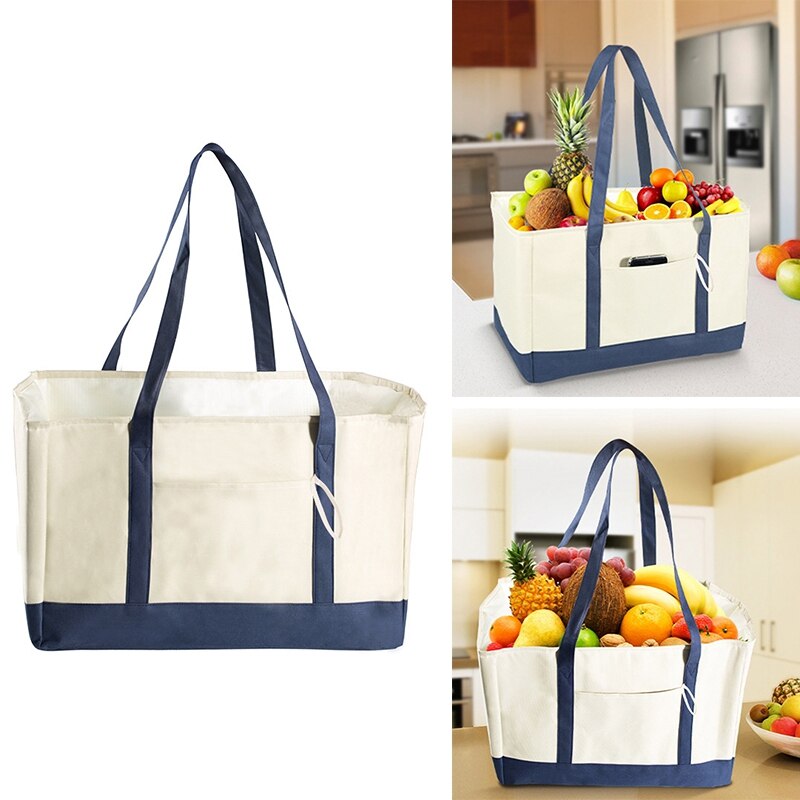 ASDS-Reusable Grocery Bags, Collapsible Reusable Shopping Boxes Large Storage Bins, Shopping Tote Bag, Beige and Blue