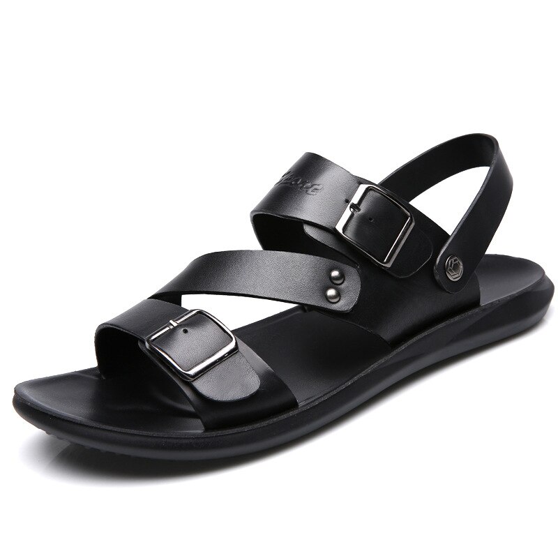 HKXN 2022 Men Sandals split Leather Soft Non-slip Beach Summer Sandals Slippers Slip-On Flats Flip Flop Sandals T: black / 44(Length 27.0 cm)