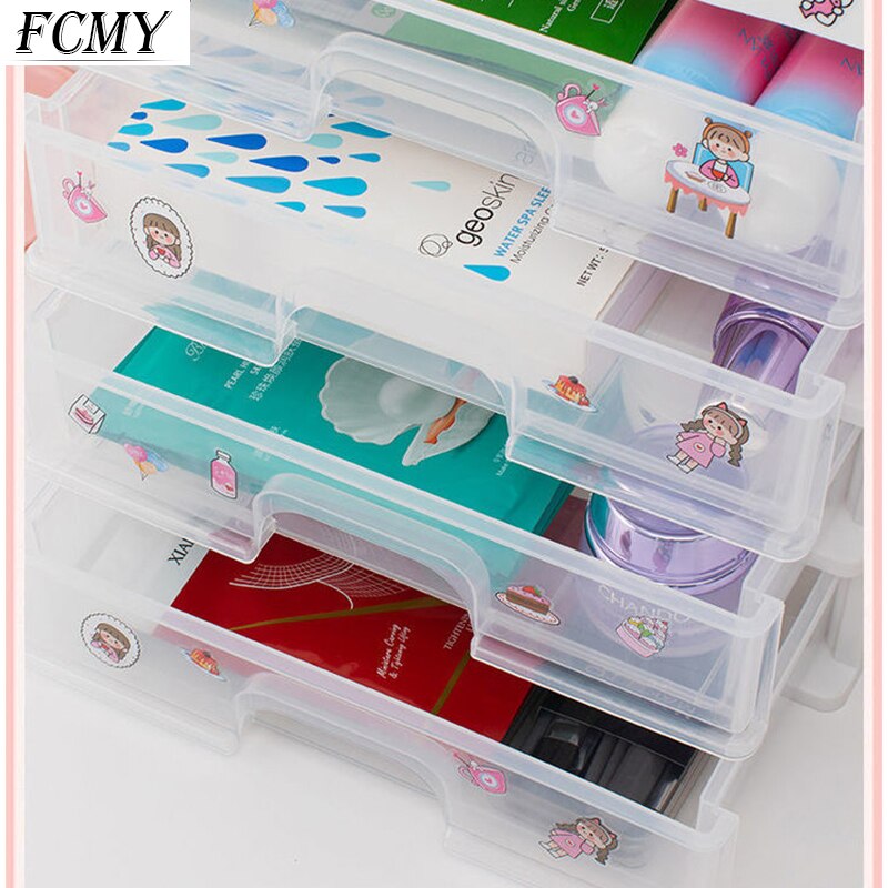 Cute Multi-storey Drawer Desktop Organizer Desk Storage Box Free Sticker home Transparent Desk Stationery office Accessories