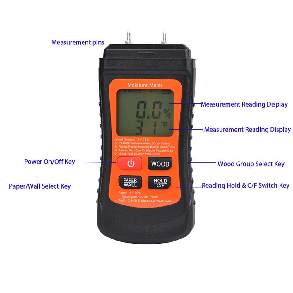 Wood Moisture Meter With LCD Screen For Measure Wood Paper Cardboard Wall Building Materials Moisture Evaluate Flood Damage