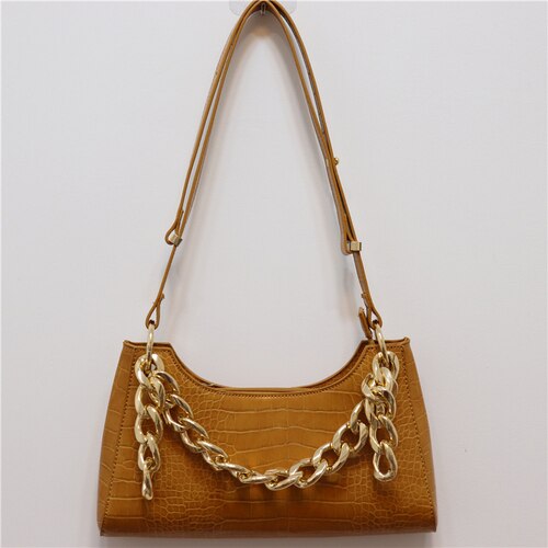 Bag Female Spring and Summer Crocodile Baguette Shape Bag France Small Shoulder Bag Underarm Handbag: yellow