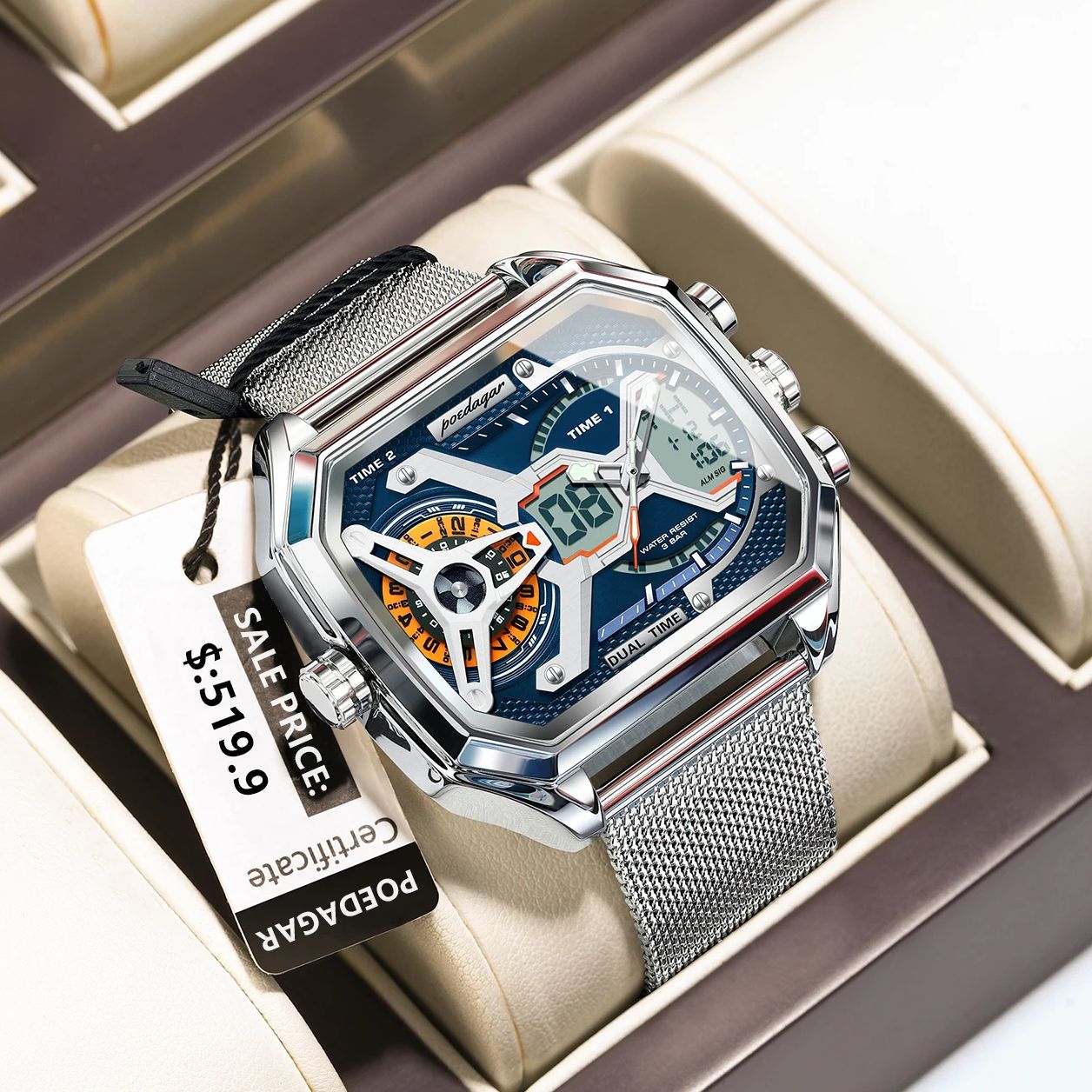 POEDAGAR, reloj de para hombre, reloj rectangular resistente al agua con fecha y semana LED para hombre, relojes electrónicos de cuarzo de acero inoxidable con malla para hombre