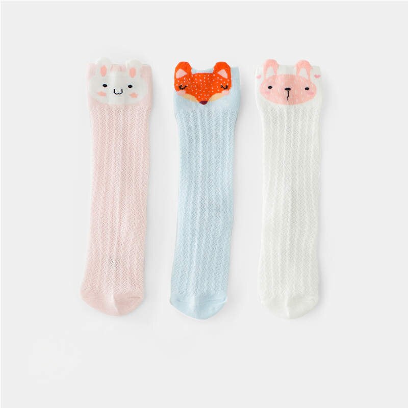 Balleenshiny 3pairs Long Tube Mesh Baby Socks for Boy Girls Knee High Anti-mosquito Socks Cartoon Animals Infant Floor Socks