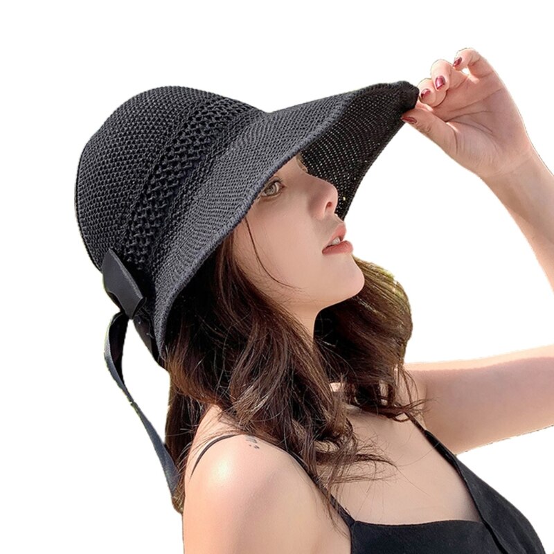 Visera de malla tejida para mujer, gorro de playa con lazo, Top abierto enrollable, ala ancha empaquetable, sombrero de protección solar UV de viaje para verano: Black