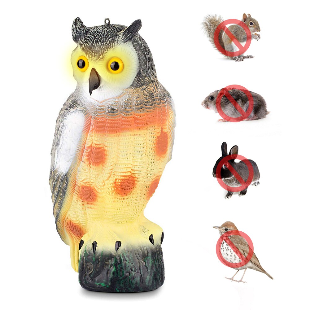 Odstraszacz ptaków fałszywy wabik sowa z przerażającym dźwiękiem migające oczy drapieżnik wabik szkodnik ptaki wystrój ogrodu