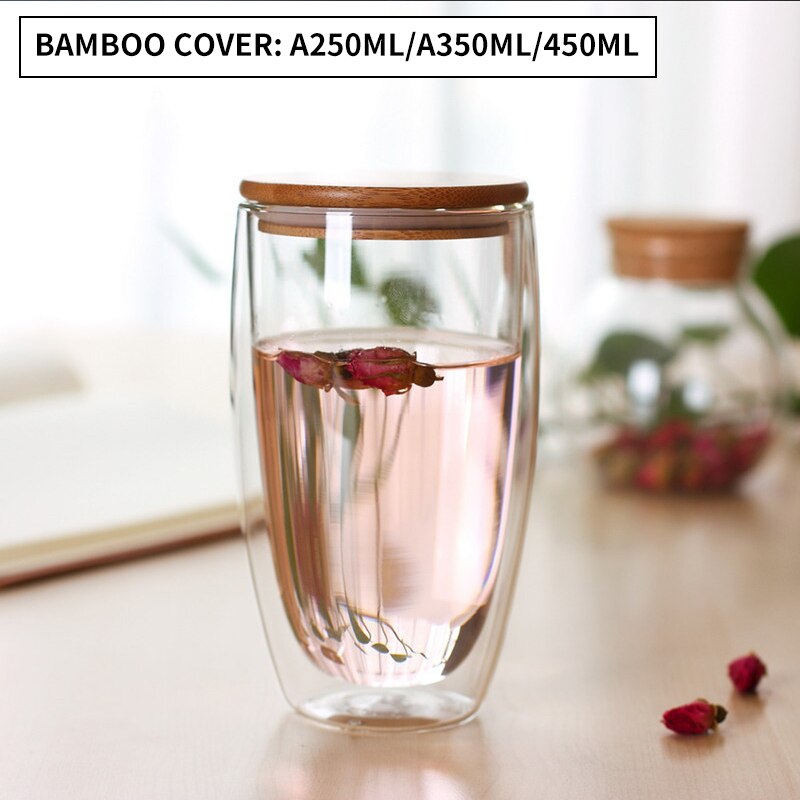 Wärme Beständig Glas Tasse Doppel Wand Coffe Becher Borosilikatglas Bier Becher 80/150/250/350/400ML Wasser Tasse Transparent Drink: Bamboo lid