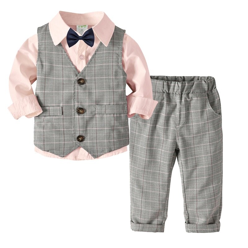 4Pcs Kids Boys Gentleman Formal Plaid Suit Birthday Party Wedding Clothing Set: Pink / 4T