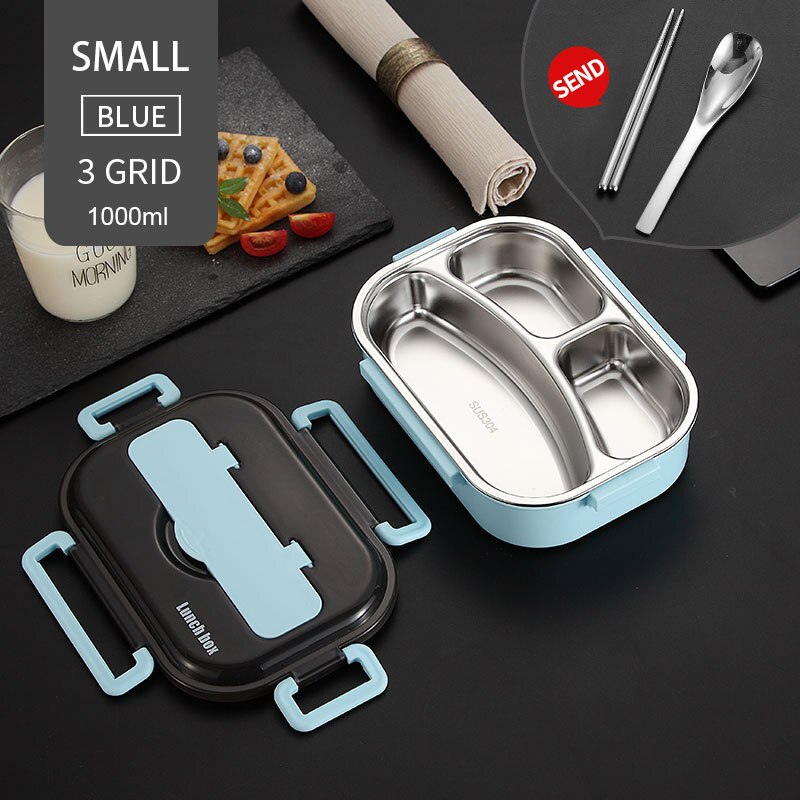 304 Roestvrij Staal Lunchbox Japanse Bento Doos Met Compartimenten Voor Kinderen Magnetron Voedsel Container Met Servies Set: 1000ml 3 Grid Blue