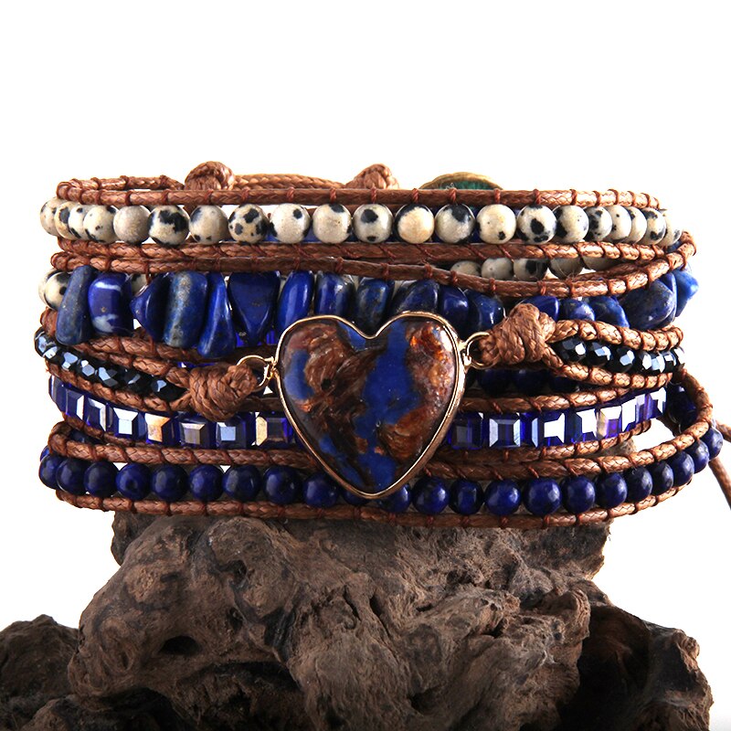 RH Bohemian Jewelry Women Vegan Boho Bracelet Mixed Natural Stones Heart Charm 5 Strands Wrap Bracelets: dark blue