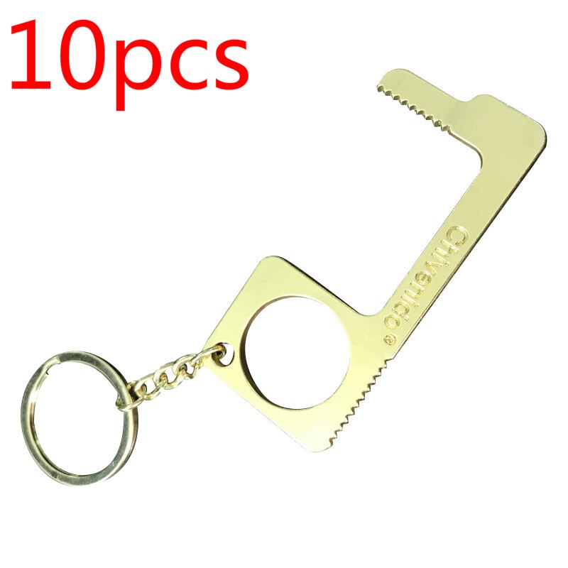 Portable Door Opener Multi-function Keychain Door Opener Anti-contact Sanitary Door Opener Anti-touch Press Elevator Tool: Golden 10pcs