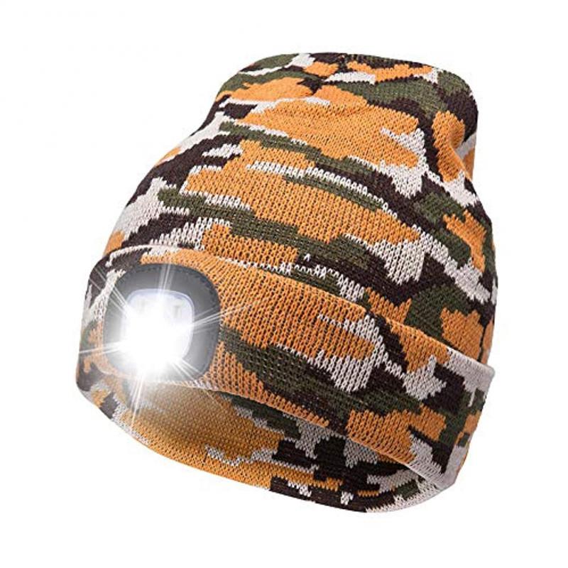 Adisputent Winter Unisex Warmer Knit Cap Hat Button Battery LED Beanie Cap LED Spot light hat LED light headlights 8: Gold