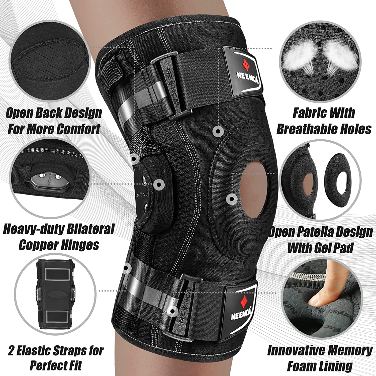 NEENCA Kniebandage mit Scharnier für Knieschmerzen, Kniestütze mit seitlichen Stabilisatoren, Linderung von Gelenkschmerzen, Arthritis, Meniskusriss, ACL PCL