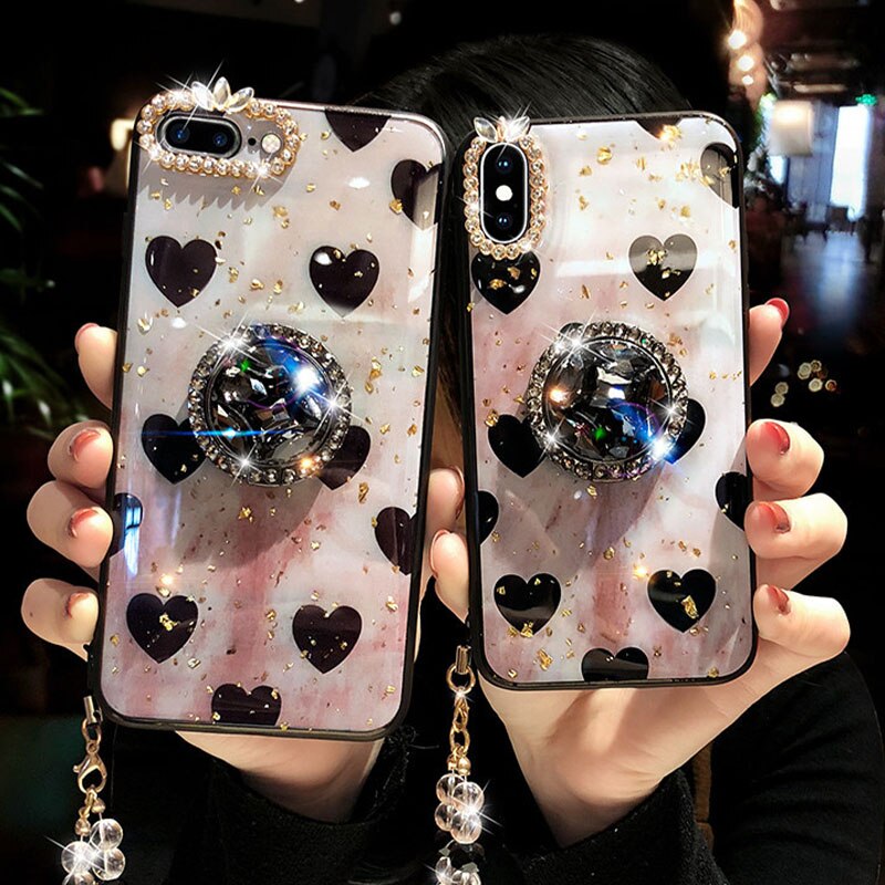 Glitter Sparkle Liefde Telefoon Case Voor Iphone 11 Pro Max X Xs Xr 7 8 Ring Kickstand Bling Diamant Strass harde Beschermhoes