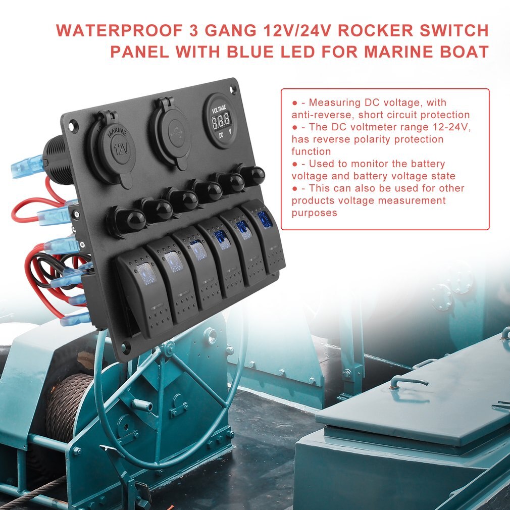 DC Flat Waterproof 6 Gang Toggle Rocker Switch Panel Car Marine Boat Circuit LED Breaker Voltmeter Aluminum Panel