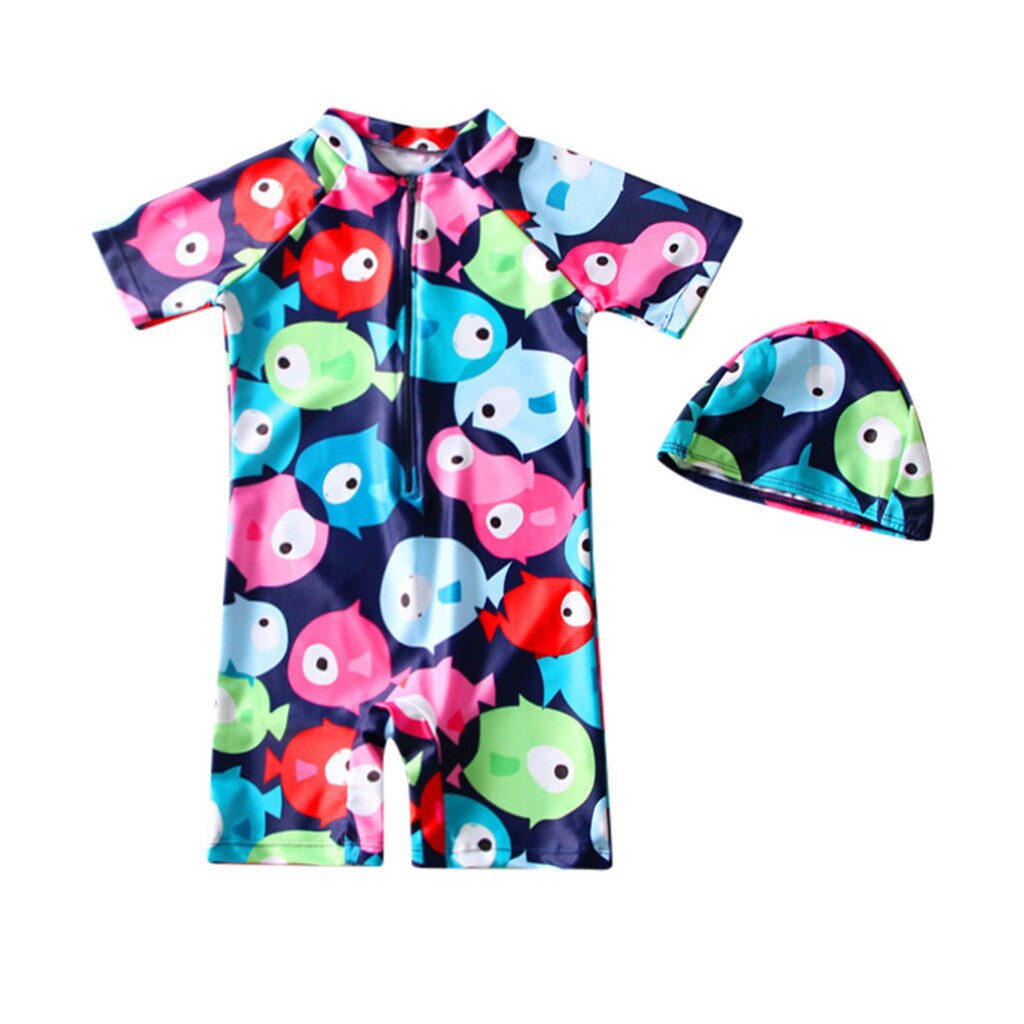 Baby Badmode Unisex Jongens Meisjes Korte Mouw Cartoon Schattige Een Stuk Badpak Met Badmuts Baby Meisje Kleding Купальник детс