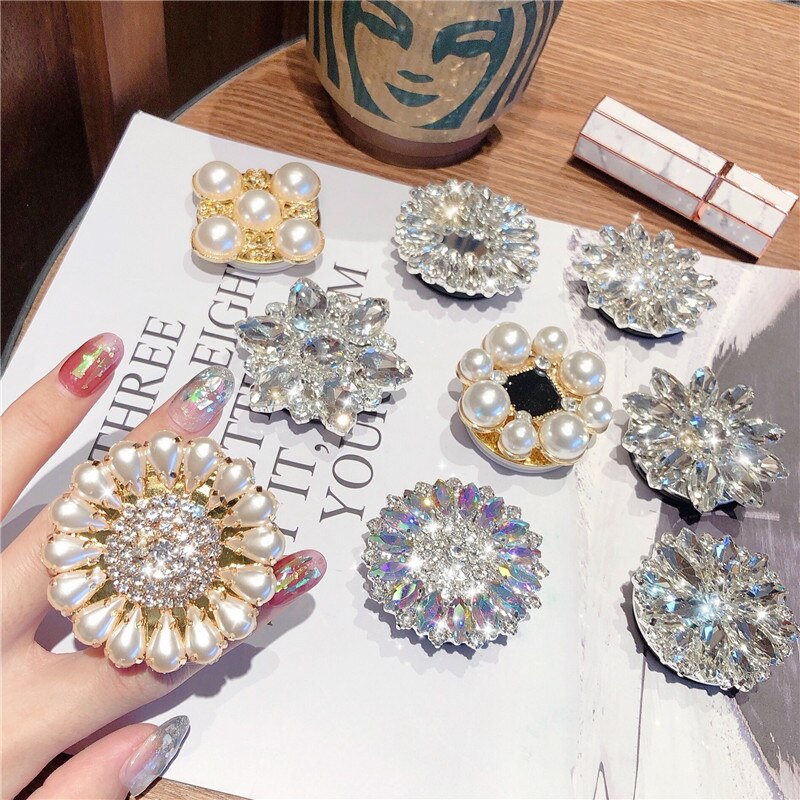 Brilho diamante cristal glitter anel do telefone móvel fivela dobrável suporte de capa traseira do telefone móvel colar feminino