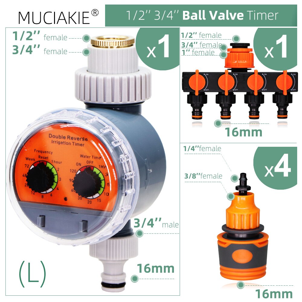 Garden Automatic Water Ball Valve Timer w Coupling Adapter for 1/4 1/2 3/4'' Tap Hose Outdoor Waterproof Irrigation Controller: L