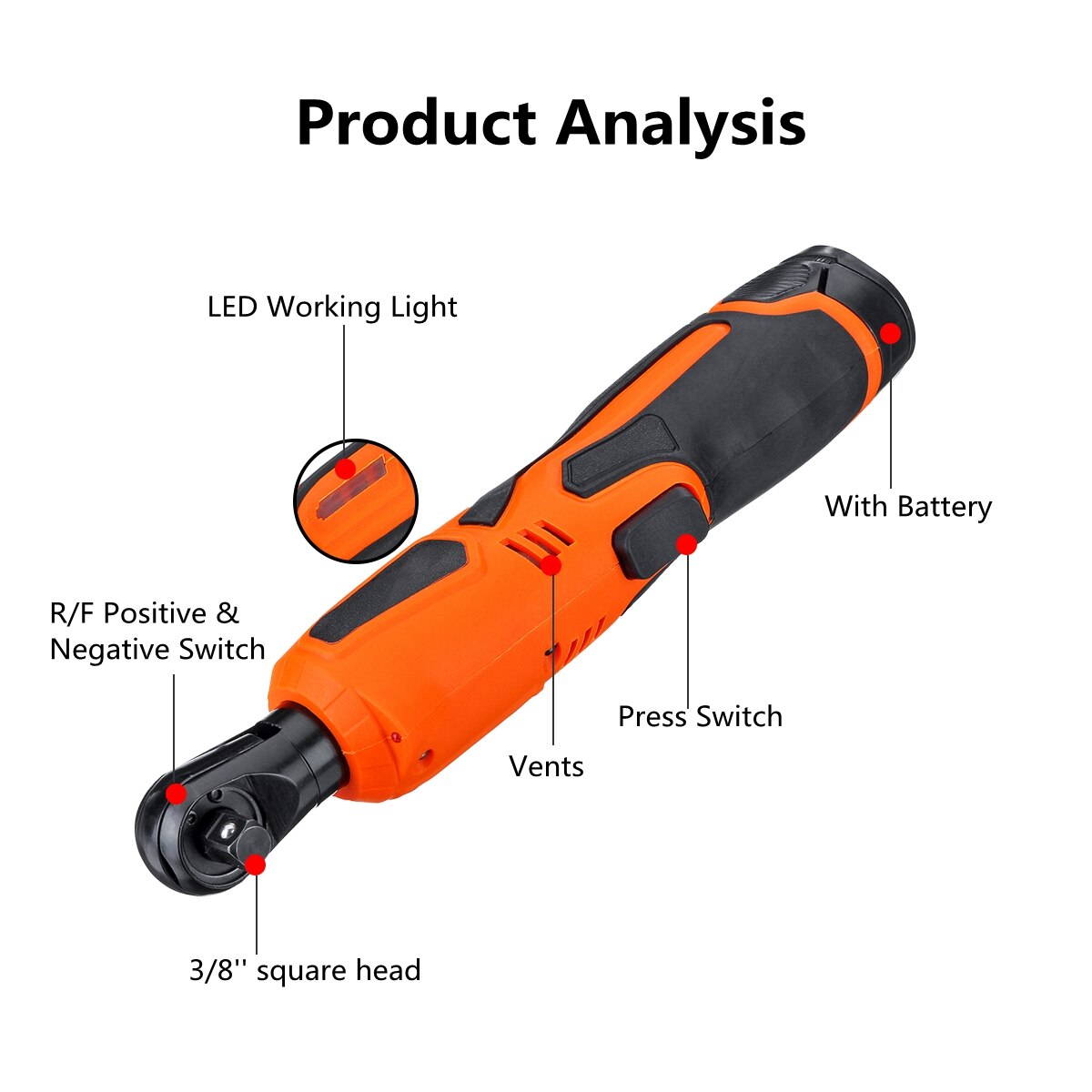 12V 90N.m Cordless Electric Wrench 3/8" Ratchet Rechargeable Scaffolding Right Angle Wrench Tool with 1/2 Battery Charger Kit