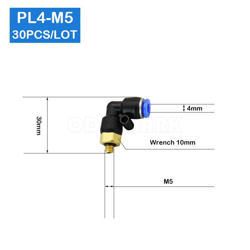 30Pcs of PL4-M5, M5 Male Thread to 4mm Elbow Pneumatic Connector Fittings