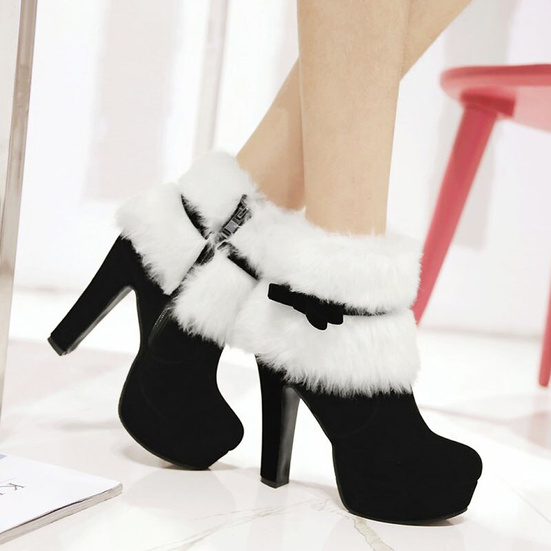 Vrouwen Enkellaarsjes Kerst Hoge Hakken Platform Schoenen Femme Winter Warm Bont Korte Laarzen Rood Zwart Dames Partij Schoenen Plus size