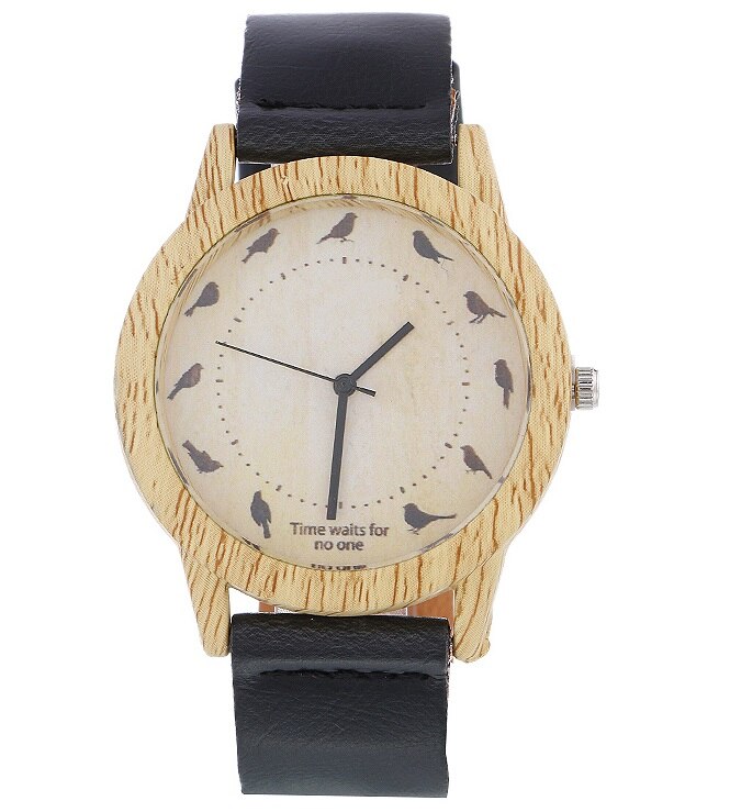Houten horloges quartz heren dames horloges casual houten leren band vogelhorloge houten heren polshorloge relogio masculino: Zwart