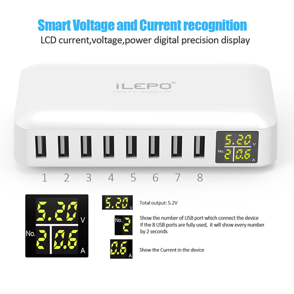 iLEPO Multi Port USB Charger 5V8A LED Show Real Time Charging For iPhone iPad Mini Samsung Huawei Pixel Mi DV AC Power Adapter
