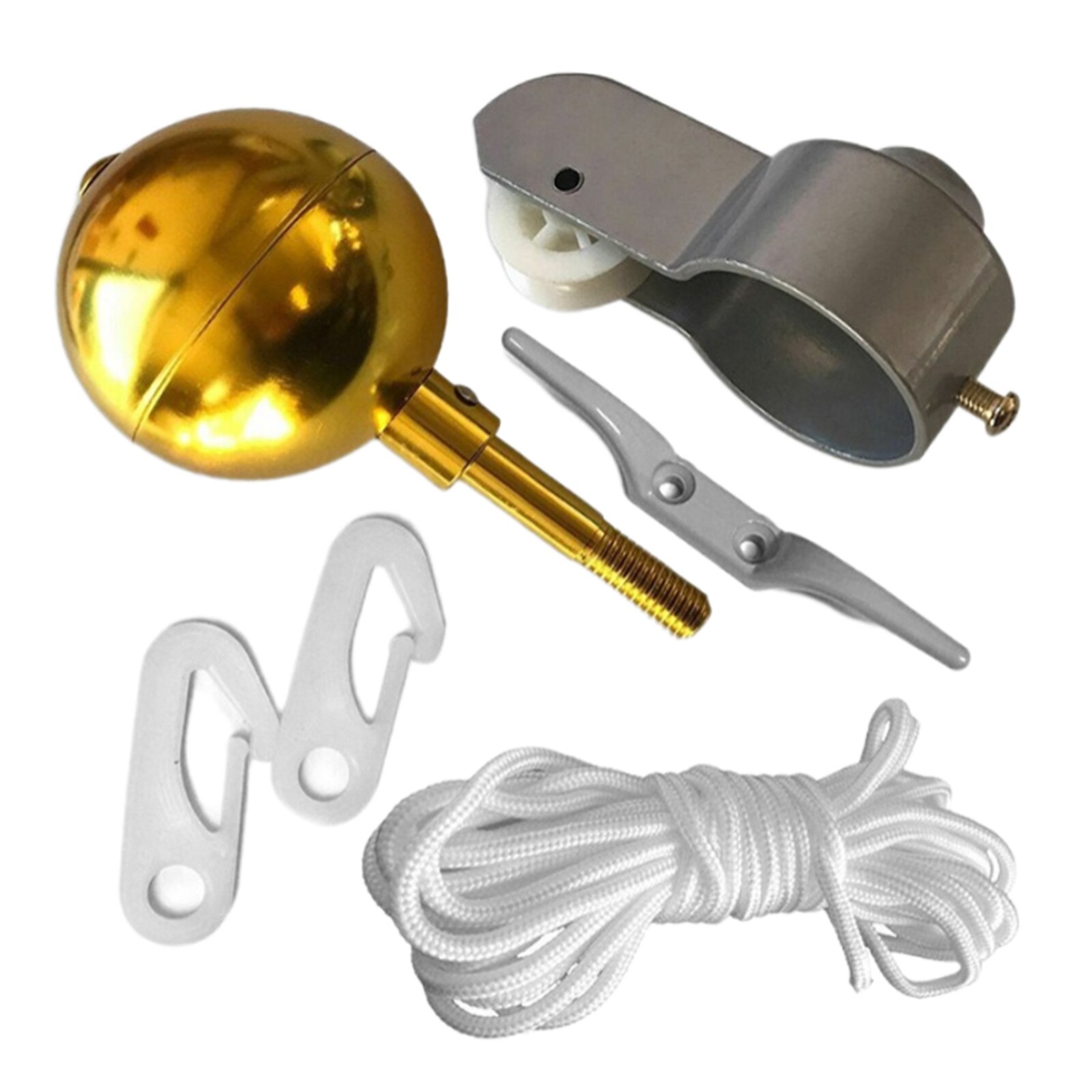 Flag Pole Hardware Repair Kit 3&quot; Ball Top Ornament Cleat Hook 4 Snap Hooks,