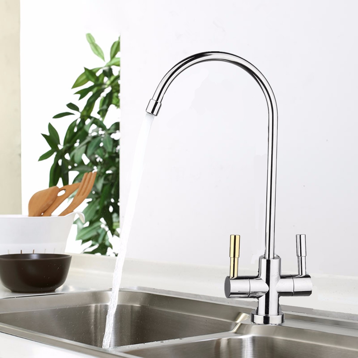 1/4'' Chrome Drinking RO Water Filter Faucet Stainless Steel Finish Reverse Osmosis Sink Kitchen Double Holes Water Intake