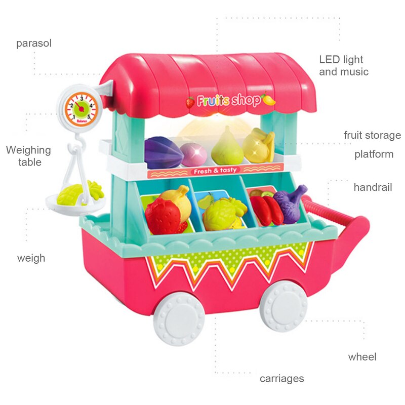 Grappige Winkelwagentje Speelgoed Simulatie Mini Voedsel Groente Fruit Winkel Trolley Kar Met Led Licht Muziek Pretend Play Boodschappen Speelgoed