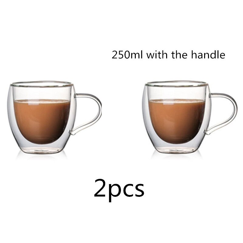 Dobbeltvegget Glasskopp Sett 80-450ml - Håndlaget Te, espresso Krus - Gjennomsiktig: 2 stk -250ml håndtak