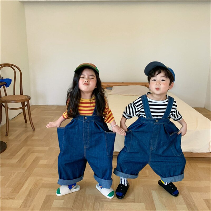 Zomer Effen Kleur Losse Denim Overalls Voor Jongens En Meisjes Koreaanse Stijl Casual Alle-Match Unisex Bib Broek