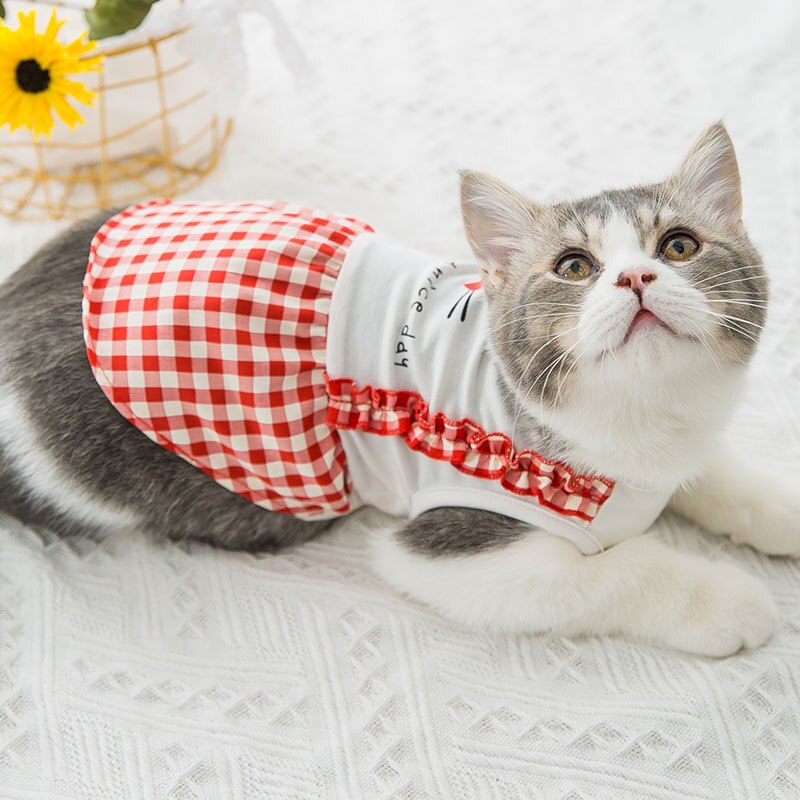 plaid dress pet Clothing dogs skirt dog Clothes small Costume cotton French Bulldog Print cute summer White girl collar perro