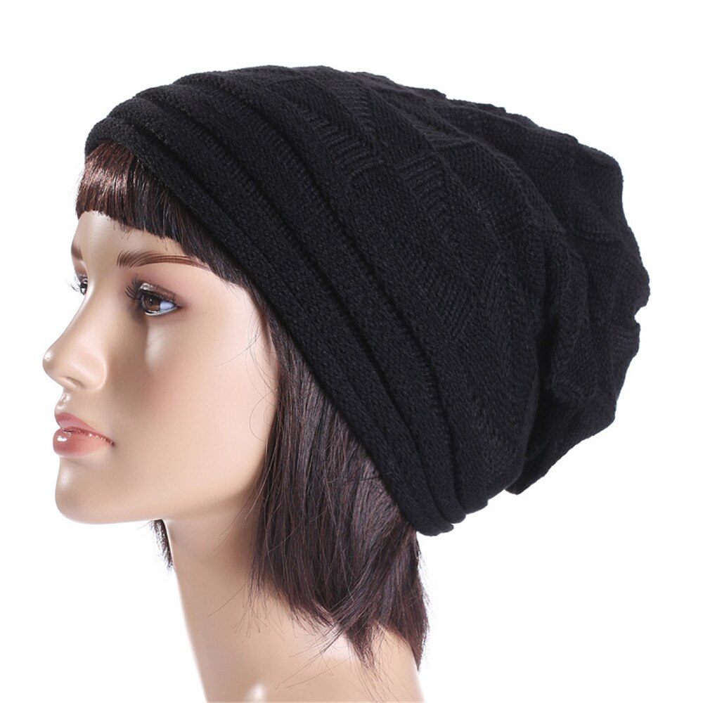 Mænd kvinder hue hue strik skihue vinter varm løs uldhue kvinde mandlige skullies elastiske baggy hæklede kasketter: Sort