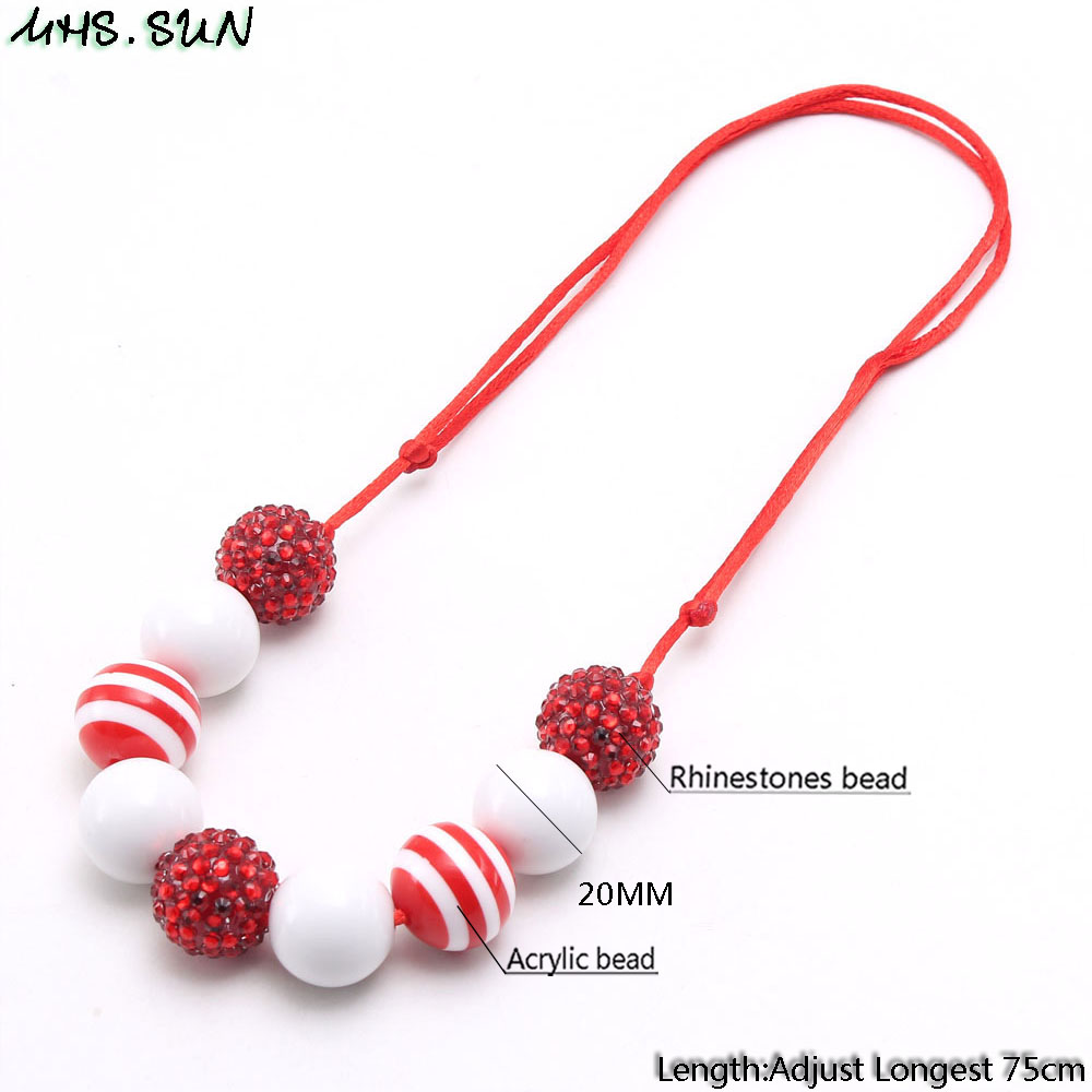 MHS. ZON rood + wit chunky bubblegum ketting mode meisjes strass kralen ketting kids verstelbare touw sieraden voor party
