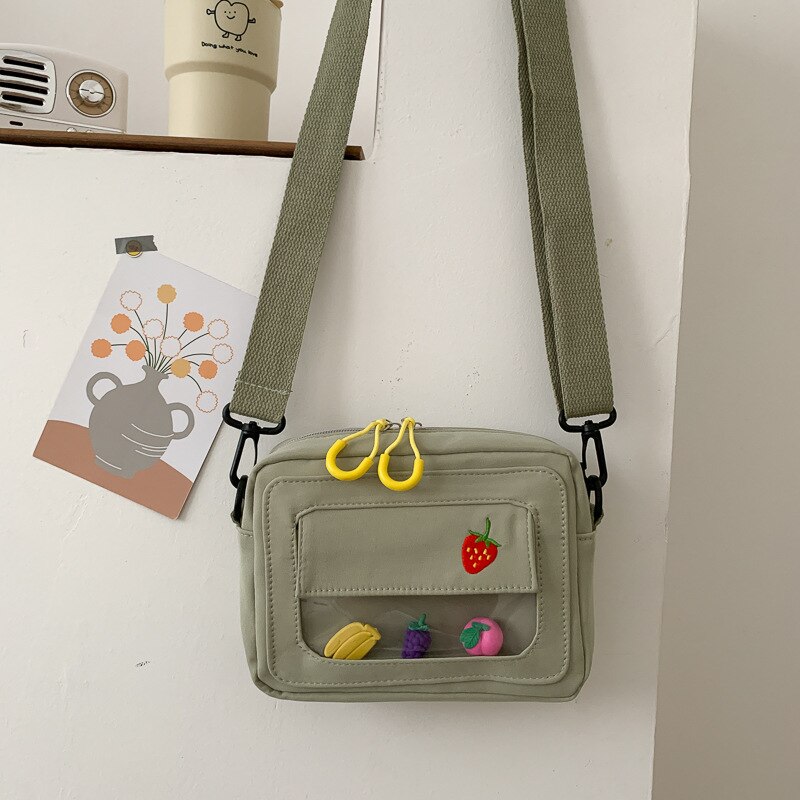 Bolsas de lona feminina 2020 novo estilo coreano frutas bordadas sacos do mensageiro claro estudantes sacos ombro crossbody sacos: green