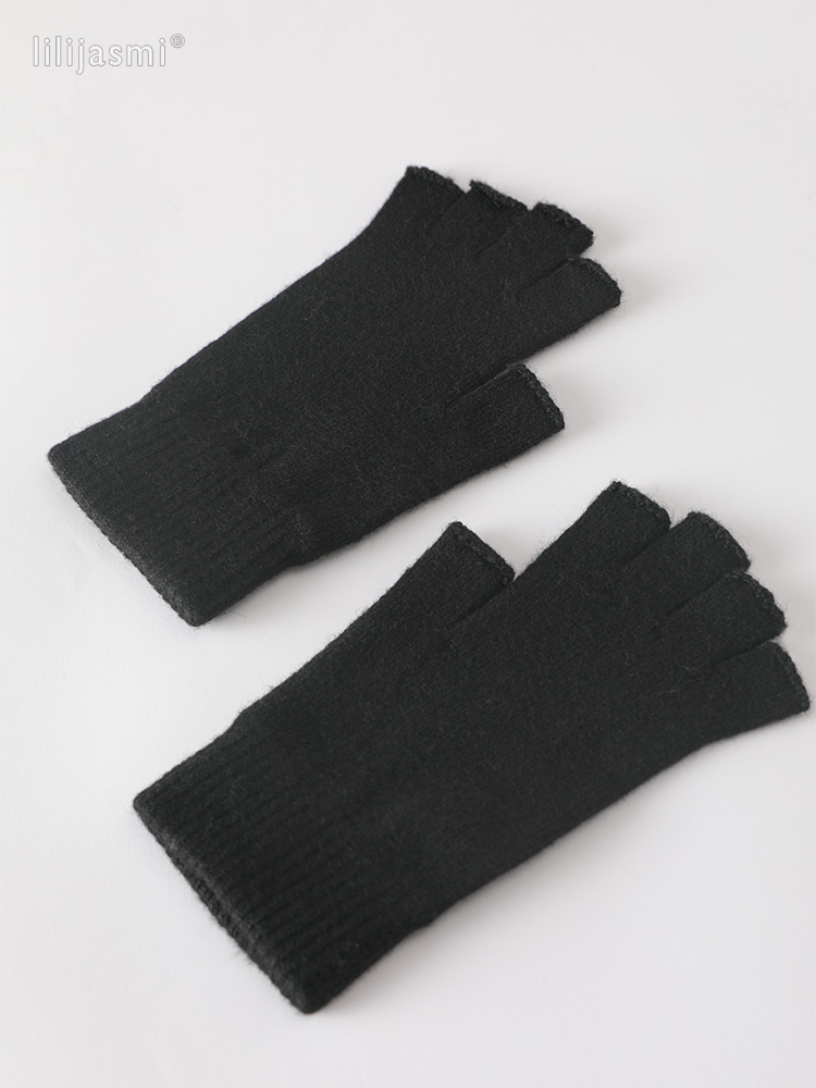 Wolle Fausthandschuh ausgesetzt Fingerspitze Damen Handschuhe Winter Herbst Arbeitshandschuhe gestrickt für Frauen Fingerlose Handschuhe Antrieb Fäustlinge: Schwarz