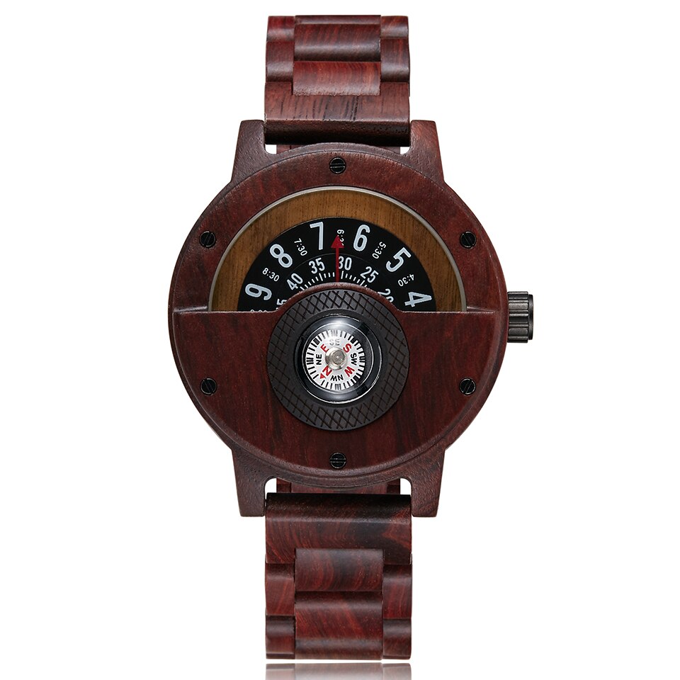 Creatieve Kompas Draaitafel Nummer Houten Horloge Mannen Volledige Hout Band Vintage Natuurlijke Hout Horloges Relogio relojes de madera: Red Wood