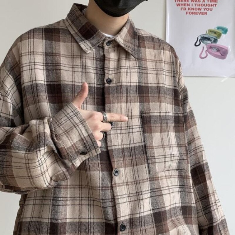 Våren bomulls rutig skjorta herr retro brun fritidsskjorta herr streetwear vilda lösa långärmade skjortor herr m-xl