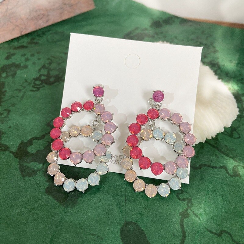 MENGJIQIAO Koreanische Großen Doppel Kreis Bunte Kristall Ohrringe Für Frauen Schmuck Geometrische Partei Pendientes