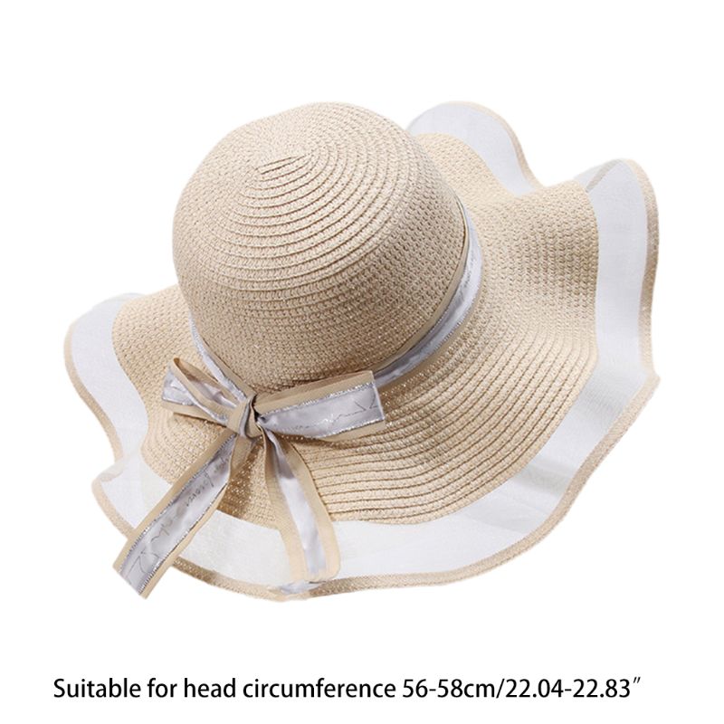 Dames zomer geweven stro slappe zonneklep hoed mesh splicing letters lint strik 56-58cm