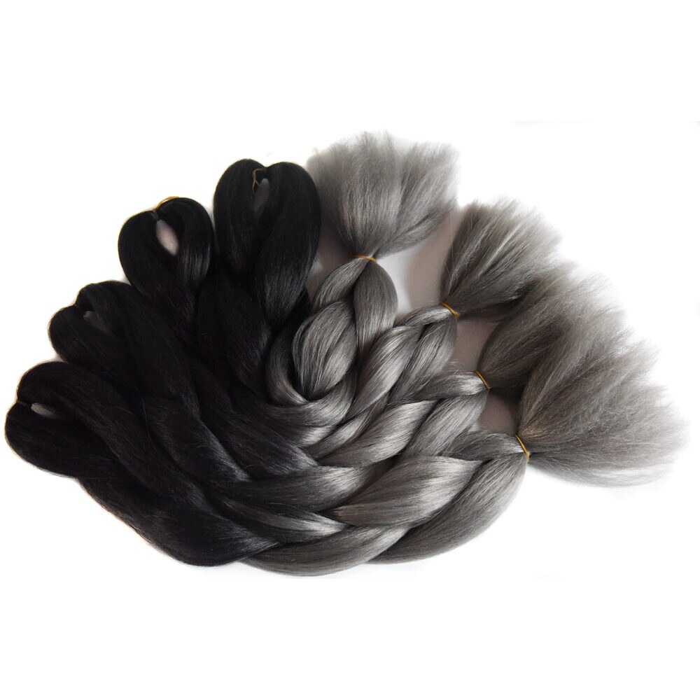 Sallyhair 24inch Ombre 3 Tone Black Purple Silver Grey Color Synthetic Braiding Hair Extension Colored Bulk Hair: T1B/Grey
