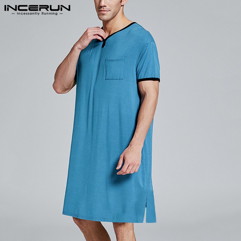 Men Sleep Tops Short Sleeve Summer Homewear Loose Breathable Long Casual V Neck Men Sleepwear INCERUN Plus Size Long Blusas