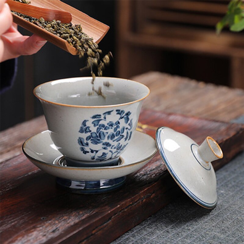 Retro Jingdezhen Hand-painted Tea Set Bowl China Kung Fu Tea Set Thick Pottery Bowl Ceramic Blue and White Tea Bowl Tea Set