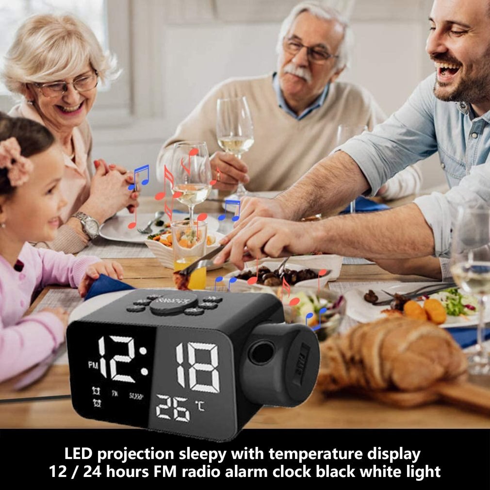 Multifunctionele Led Projectie Klok Grote Snooze Knop Met Temperatuur Display 12/24 Uur Fm Radio Thuis Wekker