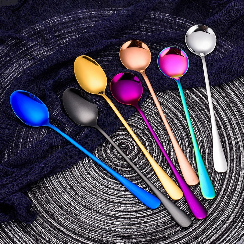 Colorful Stainless Steel Round Head Shaped Long Handle Spoon Flatware Drinking Tools Kitchen Gadget Coffee Fruit Teaspoon