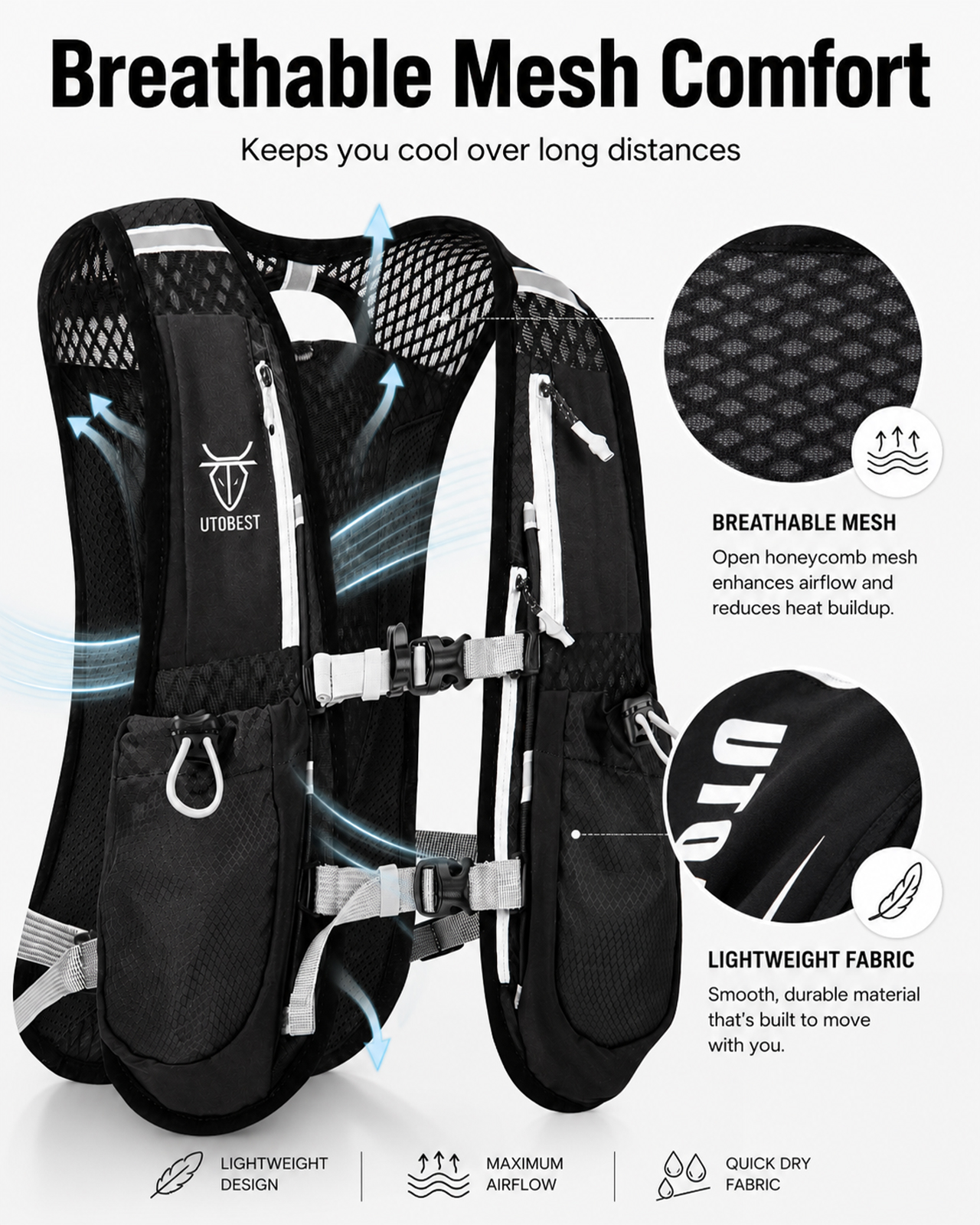 Utobest trailrunning rugzak 5l ultralichte hydratatievest ademende functionele rugzak voor marathons, fietsen en wandelen