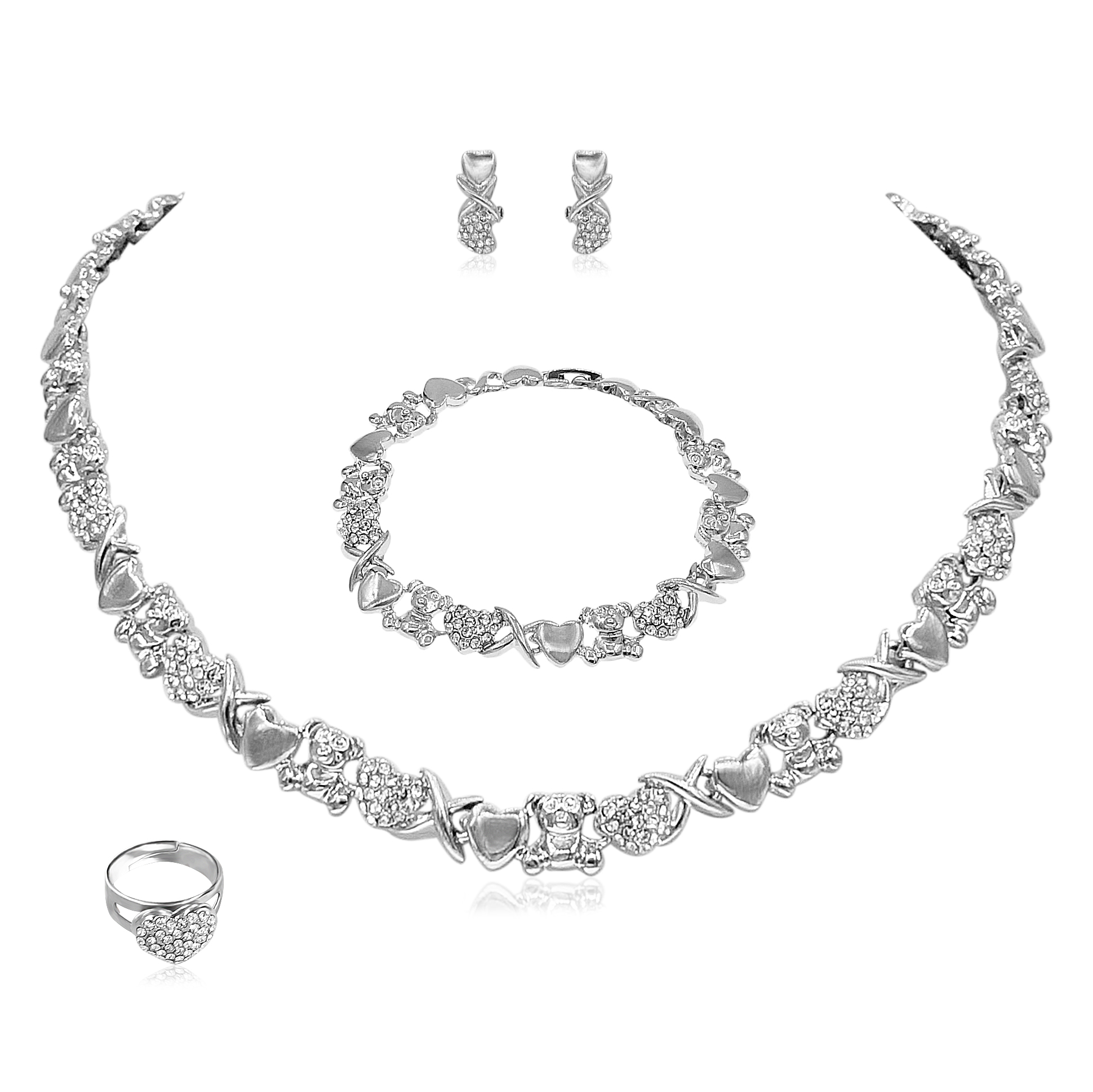 Conjunto de joyería de Color dorado para mujer, conjunto de collar chapado en oro de 18 quilates, collar de oso a la nupcial para boda, pendientes, anillo, en forma de corazón: Plata antigua plateada