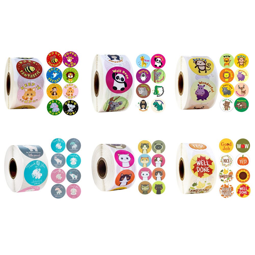 500pcs/roll Reward Stickers Encouragement Sticker Teacher Stickers Good Job Cute Kawaii Cartoon Animals for Kids for Children
